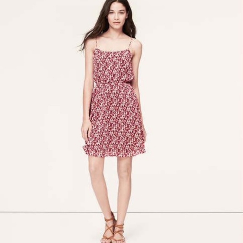 LOFT Clover Print Floral Chiffon Magenta Pink Burgundy Dress Women's Size XSmall